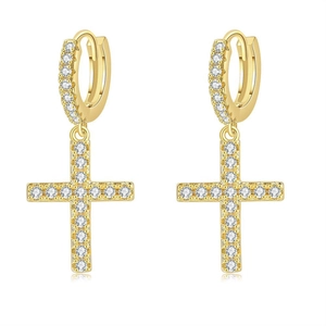 Golden cross drop earrings with cubic zirconia inlay on small hoop rings