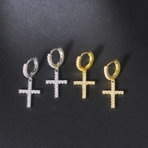 Cross drop hoop earrings with gold and silver plating and sparkling cubic zirconia stones