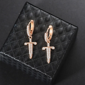 Elegant rose gold cross dagger drop earrings with sparkling pavé zircons for a hip hop look