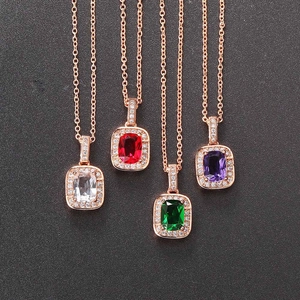 Minimalist gold-plated necklaces with colorful square cushion-cut gemstone pendants