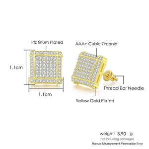 Square hip hop stud earrings with AAA cubic zirconia and 18K gold plating