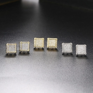 Hip hop square stud earrings set in silver, gold, and two-tone finishes with cubic zirconia