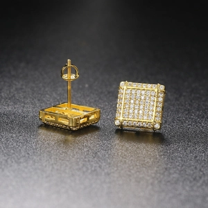 Hip hop square cubic zirconia stud earrings in gold plated finish with secure screw backs
