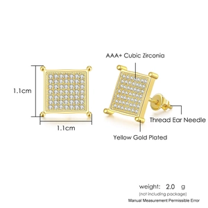 Square hip hop stud earrings with micro-paved cubic zirconia and yellow gold plating