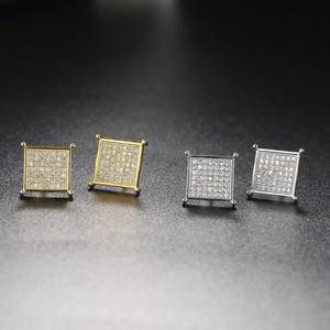 Square hip hop stud earrings with micro-pave cubic zirconia in gold and silver plating