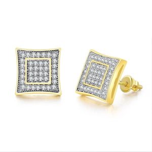 Square hip hop earrings for men in gold finish featuring micro-paved sparkling cubic zirconia