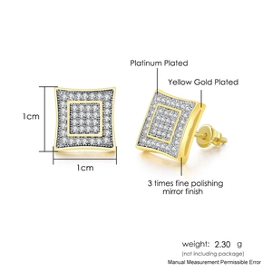 Hip-hop square micro-paved zircon stud earrings in gold and silver finish for men and women