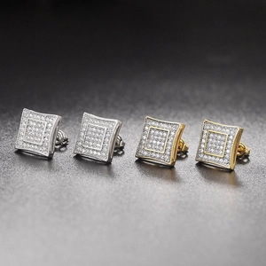 Hip hop square micro-pave cubic zirconia earrings in gold and silver finish