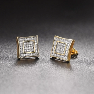 Hip hop square stud earrings with gold plating and micro-paved white zircon stones