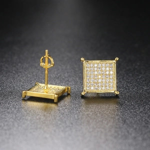 Macro view of gold-plated square stud earrings with pave-set zircon stones and screw-back