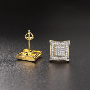 Iced out square hip hop stud earrings with gold plating and secure screw-back design