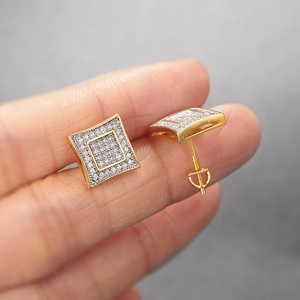 Hiphop square stud earrings with pave-set zircons and threaded screw back design