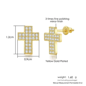 Iced out gold cross stud earrings for men with full zircon inlay and screw back design