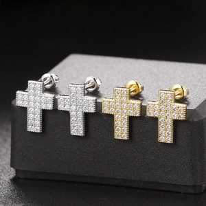 Hiphop cross stud earrings with cubic zirconia stones in gold and silver plating