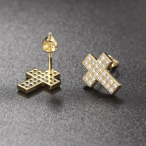 Hip hop gold plated cross stud earrings with cubic zirconia and secure screw back