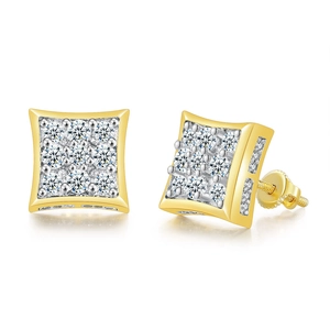Macro shot of gold square cluster stud earrings with secure screw back and sparkling zircons