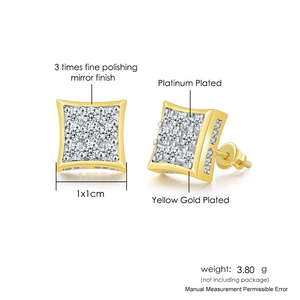 Hip hop square cross stud earrings with CZ stones in gold and silver plating