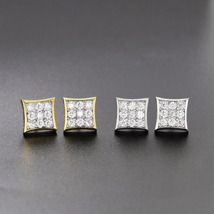 Hip hop square cross stud earrings with full zircon stones in gold and silver finish