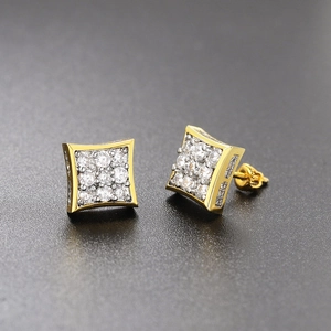 Macro shot of gold square cross earrings with micro-pave cubic zirconia and screw backs