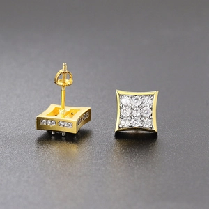 Iced out square cross stud earrings with gold plating and screw back for men