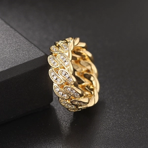 Anello cuban link da uomo stile hip-hop con zirconi bianchi e finitura in oro 18 carati