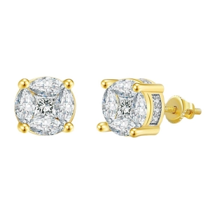 Hip hop style gold round cluster stud earrings with zircons and secure screw back