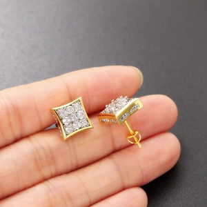 Iced out square cross stud earrings with gold finish and zircon stones for men