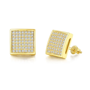 Macro detail of gold plated square hip hop stud earrings with micro pave zircon stones