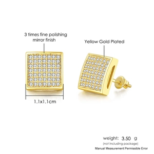 Hip hop square stud earrings featuring micro-paved cubic zirconia in a gold finish