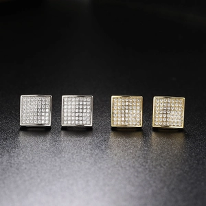 Hip hop square stud earrings set with micro-paved cubic zirconia in gold and silver