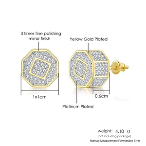 Mens hip hop octagon stud earrings with pavé zircons and yellow gold plating