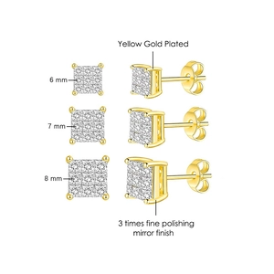 Three-pair set of gold plated square zircon stud earrings in 6mm 7mm and 8mm sizes