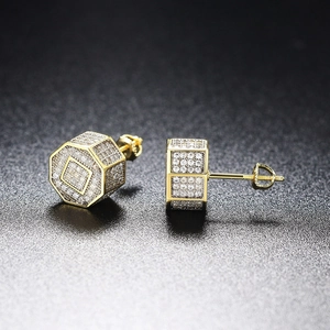 Octagon screw-back stud earrings with gold plating and full micro-pave cubic zirconia