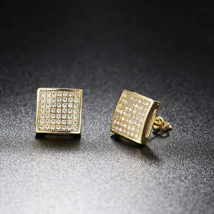 Hip hop style gold square stud earrings with pave-set cubic zirconia and screw backs