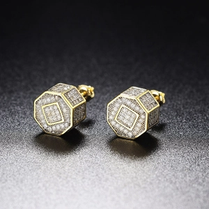 Hip-hop style gold octagon stud earrings with micro-paved white zircon stones