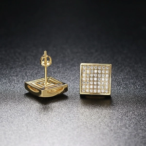 Luxurious gold square stud earrings with pave-set cubic zirconia and screw-back design