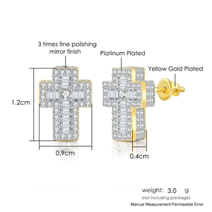 Cross earrings with micropave zircons in platinum and yellow gold plated finish