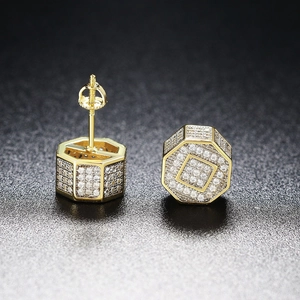 Hip hop octagonal gold stud earrings with full zircon inlay and threaded backings