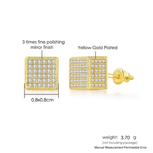 Detailed view of hip-hop square zircon stud earrings showing 0.8x0.8cm size and weight