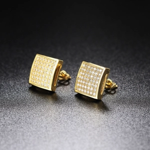 Detailed side view of gold square stud earrings with zircons and screw-back posts