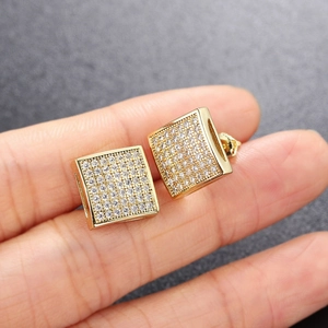 Hip hop square stud earrings with gold plating and paved pavé zircon stones for men and women