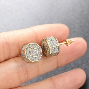 Octagon iced-out hip hop stud earrings with full zircon pave in a gold-tone finish