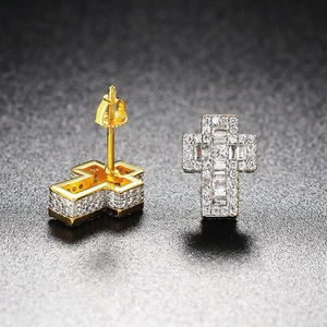 Hip hop 3D cross earrings with gold plating and cubic zirconia iced out studs