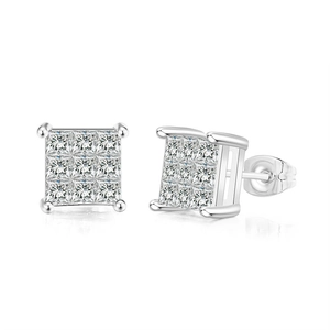 Detail view of square zirconia stud earrings with a 4-claw pave setting and butterfly backs
