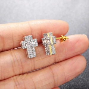 Hip hop 3D cross stud earrings for men with silver and gold plating and cubic zirconia stones