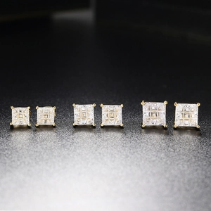 Three pairs of gold hip hop square zircon earrings in varying sizes with 4-prong setting