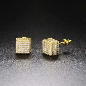 Golden micro pave cube stud earrings with screw back design for men in hip hop style