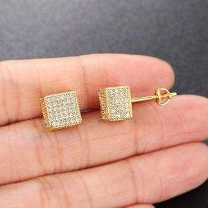 Hip hop square cube stud earrings in gold finish with micro-paved white zircon stones