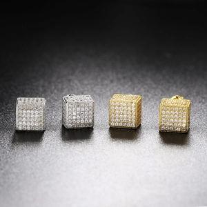 Hip hop cubic stud earrings with micro-paved zircons in gold and silver finish