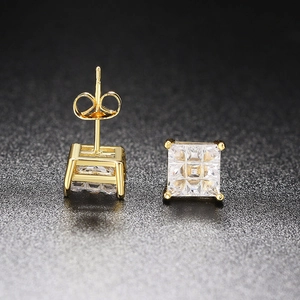 Square zircon stud earrings with gold four-claw setting and butterfly back closure